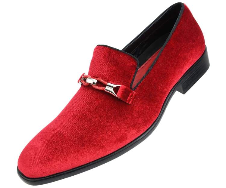 Amali Aller red velvet loafers angled