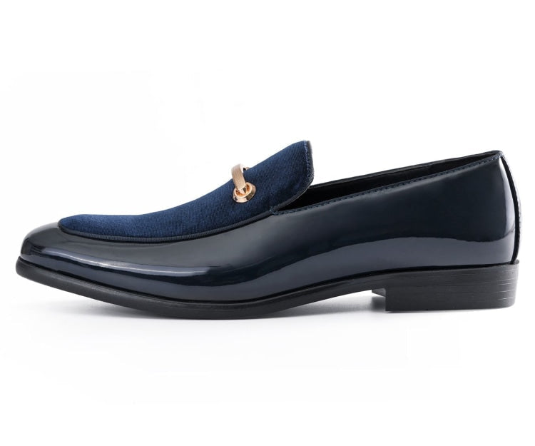 Amali Andrew navy patent loafers side