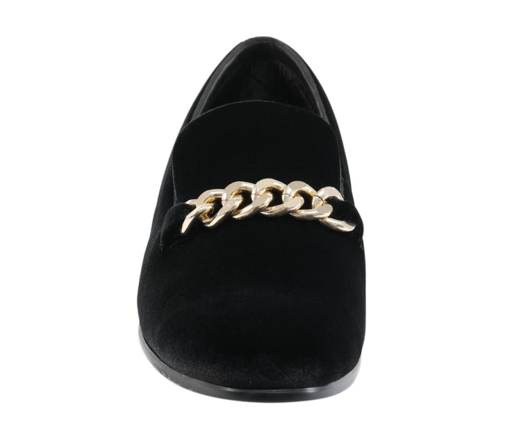 
                      
                        Amali Fay black velvet loafers front
                      
                    