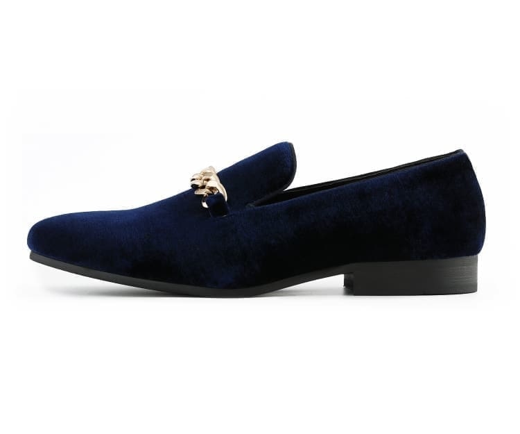 Amali Fay navy blue velvet loafers side