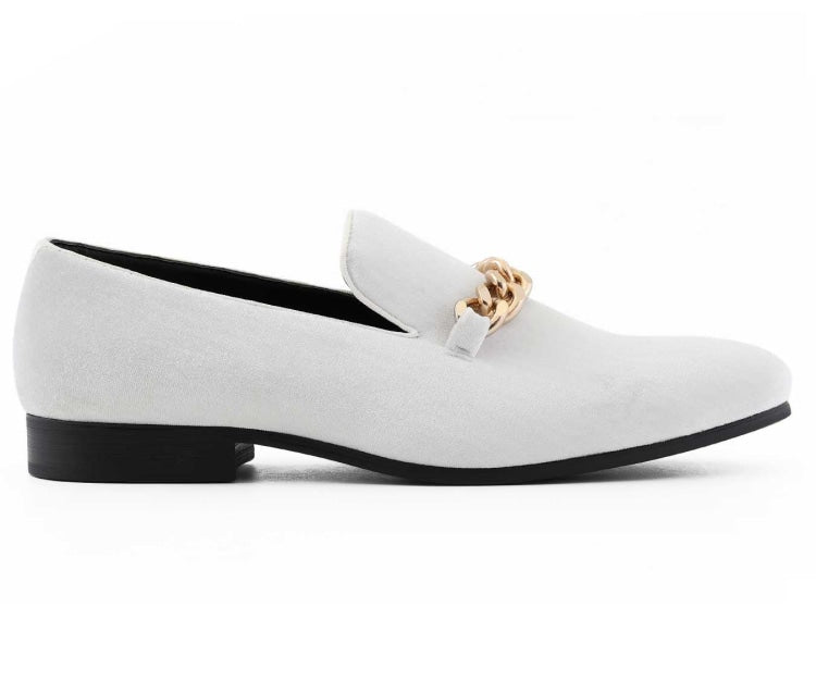 Amali Fay white velvet loafers side