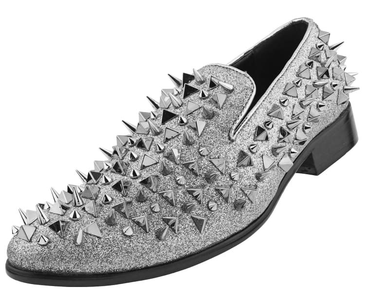 Amali Mesa silver spiked loafers angled