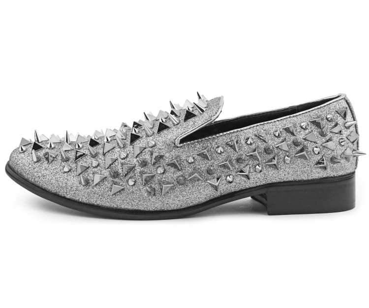 
                      
                        Amali Mesa silver spiked loafers side
                      
                    