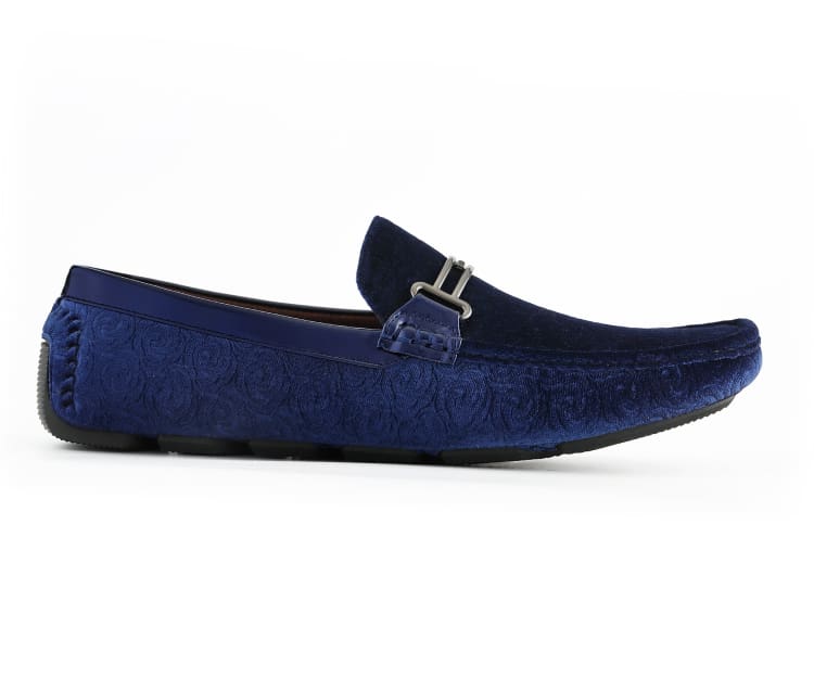 
                      
                        Amali Roberto navy velvet loafers side
                      
                    