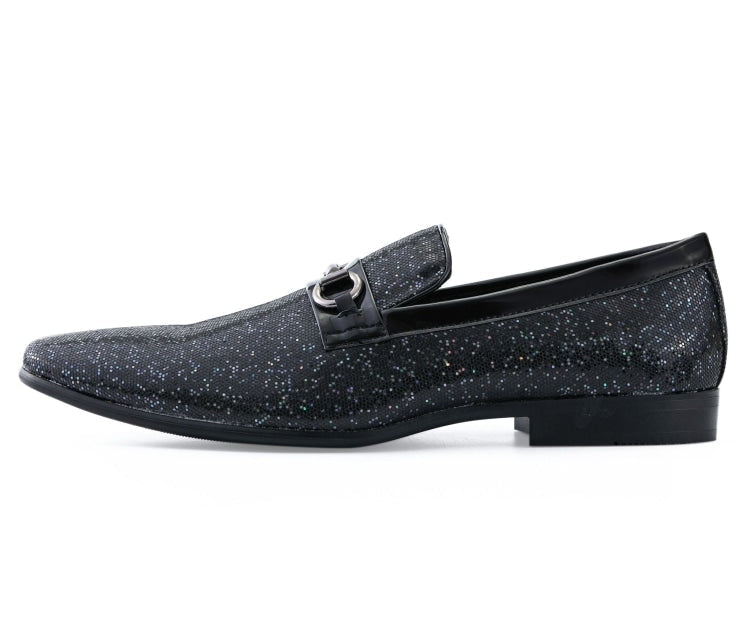 Amali Sutton black glitter loafers side