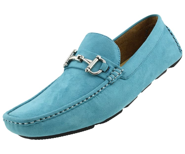 Amali Walken turquoise driving loafers angled